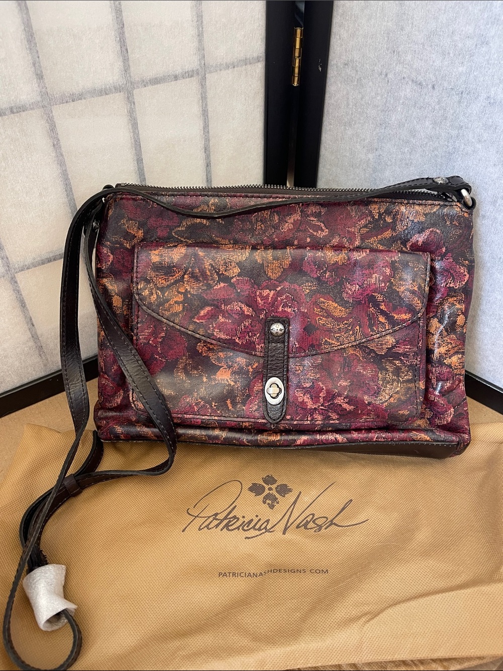 Patricia Nash Burgundy Floral Tapestry Crossbody with Brown Leather Trim